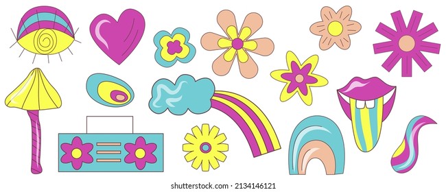 Groovy retro psychedelic set with flower, rainbow and music. Retro happy flower vector art illustration. Vintage floral illustration. Vector set.