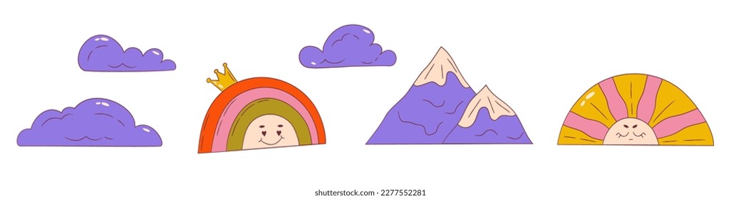 Groovy retro psychedelic set isolated. Rainbow with crown, cloud and sun with eye. Trippy cute elements for retro design. Cartoon vector illustration. Colorful groovy icon.
