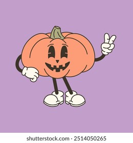 Grooviger Retro-Kürbis mit Armen und Beinen auf violettem Hintergrund. Vektorgrafik für Halloween-Designs, lustige Dekorationen und festliche Einladungen