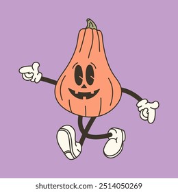 Groovy retro pumpkin with arms and legs on purple background. Vector illustration for Halloween designs, fun decorations, and festive invitations