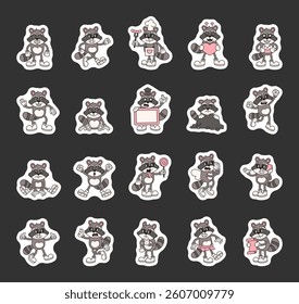 Groovy retro raccoon characters in cartoon outline vintage funny expressive style with emotions gestures costumes activities and everyday situations