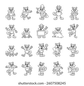 Groovy retro raccoon characters in cartoon outline vintage funny expressive style with emotions gestures costumes activities and everyday situations