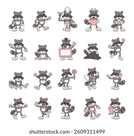Groovy retro raccoon characters in cartoon outline vintage funny expressive style with emotions gestures costumes activities and everyday situations