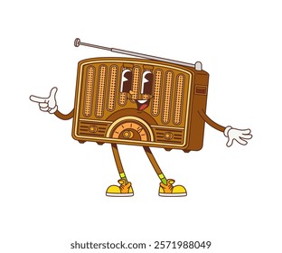 Groovy retro radio or hippie cartoon character with funny face, vector emoji. Groovy retro boombox radio with antenna and happy funky smile or laugh for cartoon psychedelic character and hippie symbol