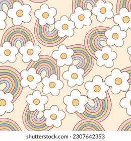 Groovy retro rainbow with florals vector seamless pattern. Flower power summer background.