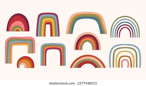 Groovy retro rainbow shape isolated clip art bundle, 70s nostalgia vibes, abstact figures on white background, vector