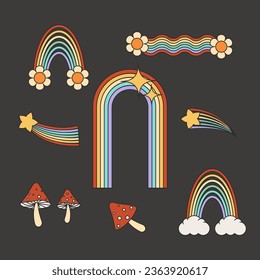 Groovy retro rainbows and mushrooms retro style 1970s funny clip art collection on dark. Vector illustration.