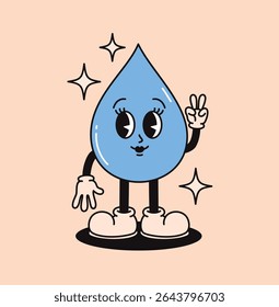 Groovy retro raindrop character. Flat vector illustration.