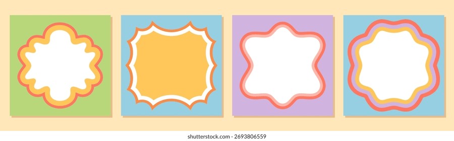 Groovy retro rectangle frame set in colorful y2k style. Wavy shape border with bold outline design forms a modern background. Vibrant graphic for trendy and playful creative use.