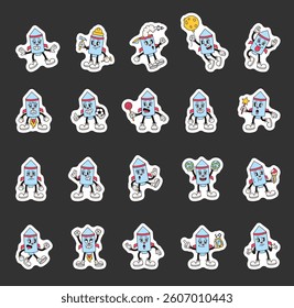 Groovy retro rocket characters in cartoon outline vintage funny expressive style with emotions gestures costumes actions objects and fantasy elements