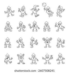 Groovy retro rocket characters in cartoon outline vintage funny expressive style with emotions gestures costumes actions objects and fantasy elements