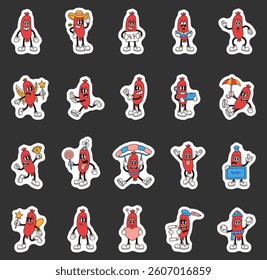 Groovy retro sausage characters in cartoon comic vintage funny expressive outline style with costumes and emotions