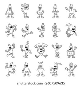 Groovy retro sausage characters in cartoon comic vintage funny expressive outline style with costumes and emotions