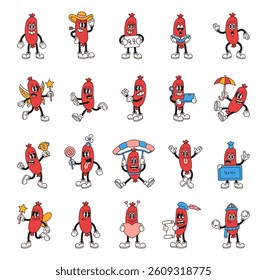 Groovy retro sausage characters in cartoon comic vintage funny expressive outline style with costumes and emotions