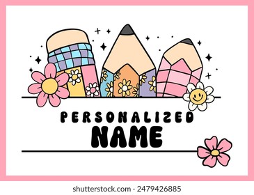 Groovy Retro School Pencil Frame Monogram Name Cartoon Doodle Drawing