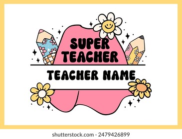 Groovy Retro School Teacher Appreciation Frame Monogram Name Cartoon Doodle Drawing