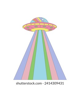 Groovy retro sci-fi alien ufo flying saucer spaceship with colourful light beams for human abduction vector illustration isolated on white. 60s 70s 80s space galaxy universe celestial print poster