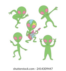 Groovy retro sci-fi dancing green man rock star alien party vector illustration set isolated on white. 60s 70s 80s 90s space galaxy universe celestial print poster postcard collection.