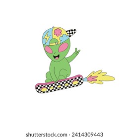 Groovy retro sci-fi friendly green man alien in baseball cap on skateboard rocket vector illustration isolated on white. 60s 70s 80s 90s pace galaxy universe celestial print poster postcard.