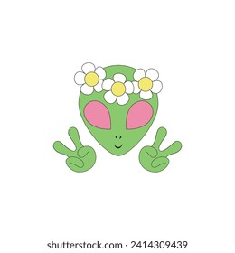 Groovy retro sci-fi friendly hippie green man alien in ufo flying saucer spaceship vector illustration isolated on white. 60s 70s 80s space galaxy universe celestial print poster postcard.