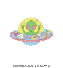 Groovy retro sci-fi friendly hippie green man alien in ufo flying saucer spaceship vector illustration isolated on white. 60s 70s 80s space galaxy universe celestial print poster postcard.