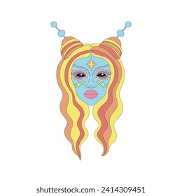 Groovy Retro sci-fi woman alien head portrait with long wavy hair style vector illustration isolated on white. 60s 70s 80s space galaxy universe ufo celestial print poster postcard.