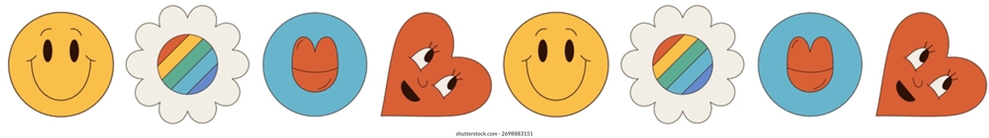 Groovy retro seamless border elements in flat style create a colorful mix of smiley, flower, heart, rainbow and sun shapes pattern. Graphic y2k visual, playful modern motif, perfect for vibrant