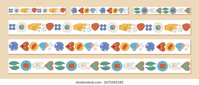 Groovy retro seamless border pattern set in colorful style. Doodle heart, flower, mushroom, and smiley elements combine as playful seamless  frame with y2k design concept for creative