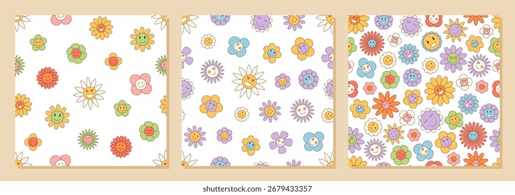 Groovy Retro nahtloses Blumenmuster auf buntem Cartoon-Hintergrund. Doodle Gänseblümchen und Smiley nahtloses Muster, y2k-Stil mit fröhlicher Sammlung und künstlerischen Touch. Perfekt für lebendige