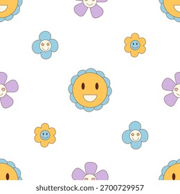 Groovy retro seamless flower pattern with cartoon smiley and cute floral art. Happy and colorful elements add trendy y2k style as playful background in yellow blue for modern creative use.