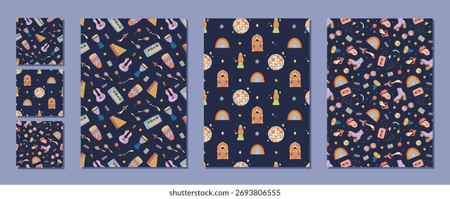 Groovy retro patrón de música sin fisuras con guitarra colorida, disco y arco iris. Fondo de estilo Y2k para sentimiento de fiesta divertido y vintage. Patrón perfecto ideal para el Fondo de pantalla pop.