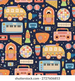 Groovy Retro nahtloses Musikmuster mit bunter Disco und y2k-Stil. Das Muster enthält Radio-, Boombox- und Tastaturmotive als lebendigen Hintergrund, perfekt für grafische Tapeten oder trendige Textilien.
