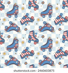 Groovy Retro Seamless Pattern for 4th of July Vibrant vintage Roller Skate Shoes on Checkered background