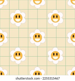 Groovy retro seamless pattern with cartoon daisy flowers on a checkered background. Trendy vector background in 60s, 70s style
