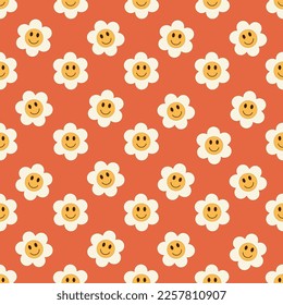 Groovy patrón retro sin fisuras con flores de margarita de dibujos animados . Fondo vectorial de moda en estilo 60s, 70s.Ilustración vectorial