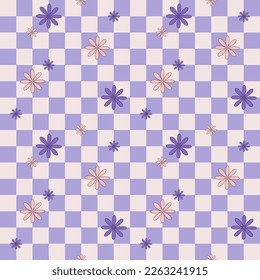 Groovy retro seamless pattern. Flowers ornament on checkered background. Vector design for wallpaper, backdrop, fabric, textile, stationery, cover.