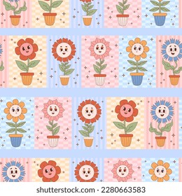 Groovy retro seamless pattern. Flowers power in pots on multi-colored background. Vector Illustration. Aesthetic modern art daisy flower for wallpaper, design, textile, packaging, decor