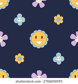 Groovy retro seamless pattern with happy smiley flower and daisy cartoon shapes. Colorful y2k background creates a playful, cheerful mood for modern wallpaper, textile, or trendy decor inspiration.
