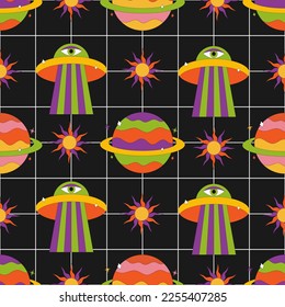 Groovy retro seamless pattern with planet, ,spaceship,sun on a checkered background. Trendy vector background in 60s, 70s style