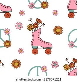 Groovy retro seamless pattern with roller skate with flowers and peace symbol. 1970 style. Vector illustration