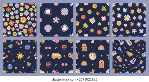 Groovy retro seamless pattern set in a colorful cartoon graphic style background. Vibrant flower, sun and rainbow shapes blend with music, disco and guitar themes. Y2k pop style, perfect as a playful