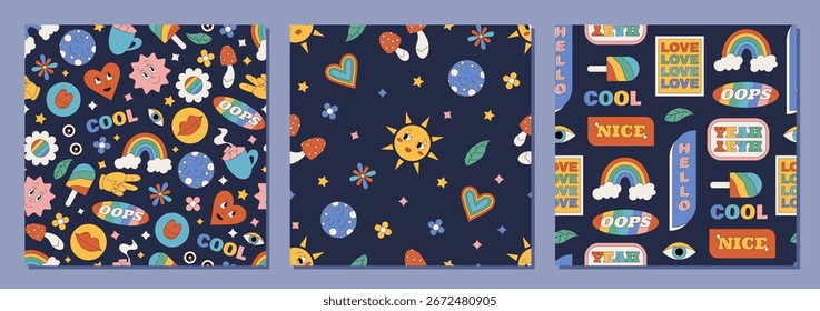 Groovy retro seamless pattern set in colorful cartoon graphic style. Seamless background with sticker heart, rainbow, sun, flower and playful y2k text. Fun pop motif, vibrant look, modern decorative