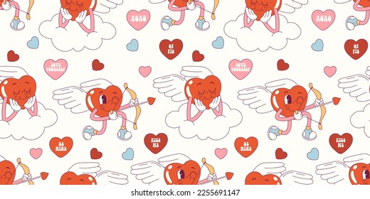 Groovy retro seamless pattern for Valentine's day. Hearts character. All you need is Love. Retro doodle cartoon style.Hippy 60s, 70s style. Flower power.	