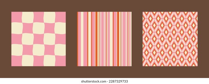 Groovy retro seamless pattern vector set. Abstract warm color vintage backgrounds