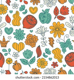 Groovy retro seamless pattern. Vintage floral vector pattern. Hippie floral background with plants, leaves, fruits, flowers. Doodle hippie style print for wallpaper, fabric, textile, paper.