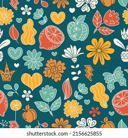 Groovy retro seamless pattern. Vintage floral vector pattern. Hippie floral background with plants, leaves, fruits, flowers. Doodle hippie style print for wallpaper, fabric, textile, paper.