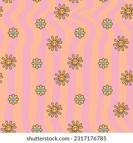 Groovy retro seamless pattern. wavy rainbow background for trendy funky prints. Trippy psychedelic swirl summer backdrop.