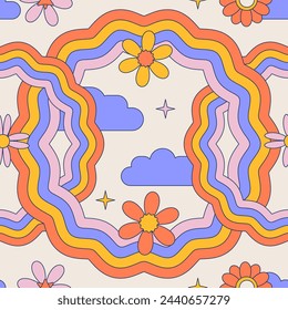 Groovy retro seamless pattern with wavy round rainbow, flowers, clouds. Contour geometric vector illustration.