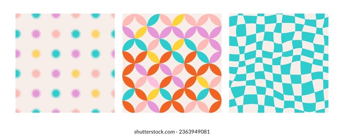 Groovy retro seamless patterns with chess, stars and geometric shapes. Set of vector backgrounds in trendy funny trippy y2k style. Bright cool colors. Fun hippie texture for surface design.