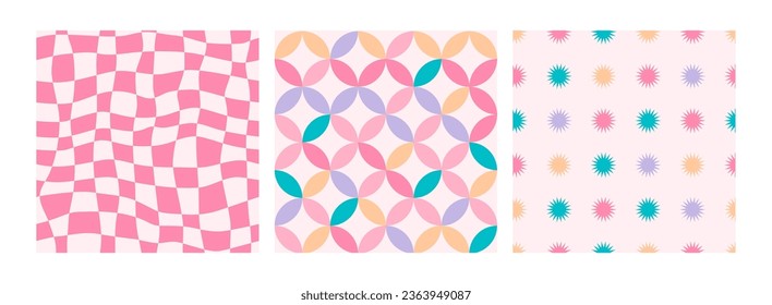 Groovy retro seamless patterns with chess, stars and geometric shapes. Set of vector backgrounds in trendy funny trippy y2k style. Lilac and pink colors. Fun hippie texture for surface design.